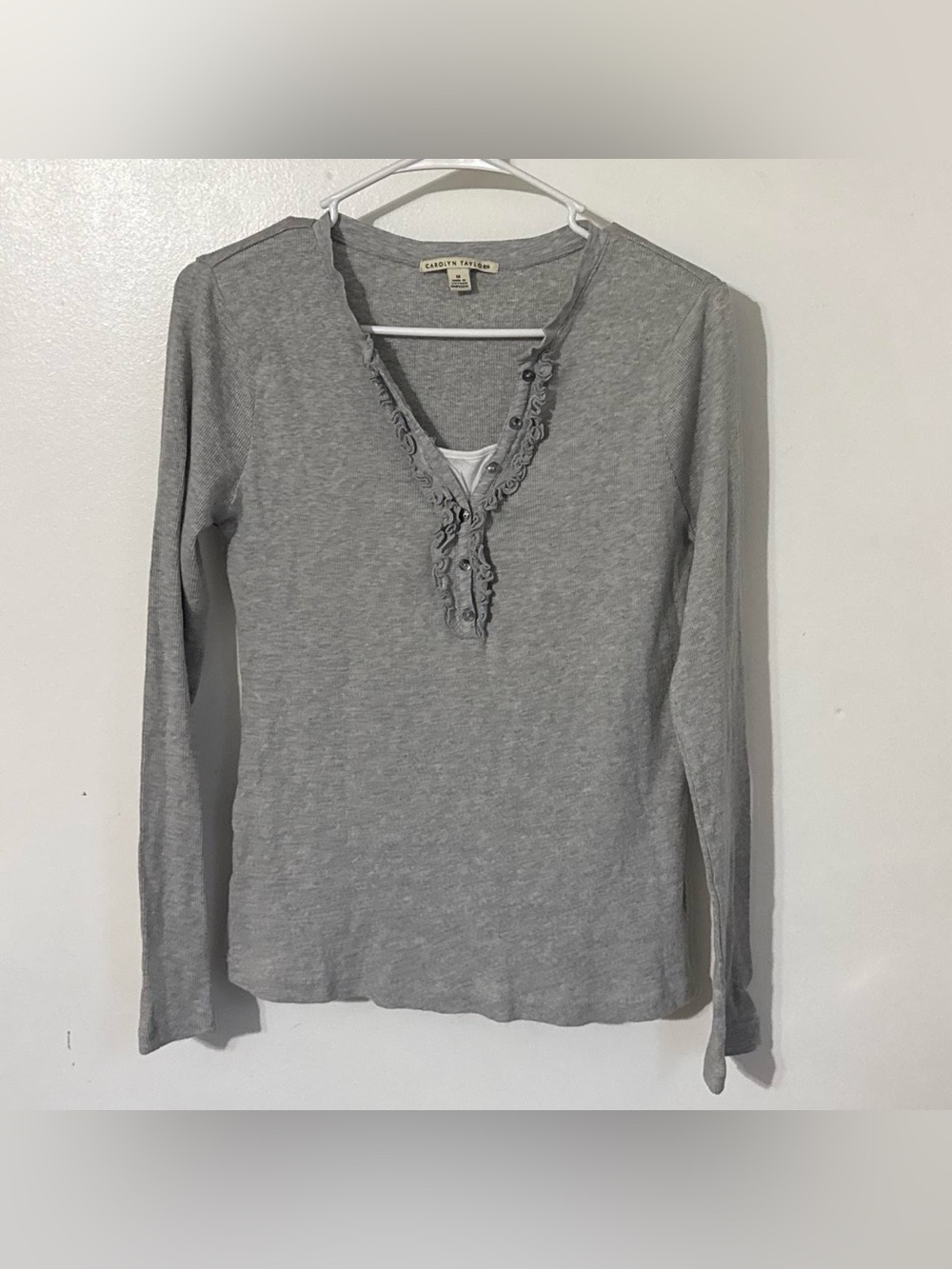 Carolyn Taylor Gray Ribbed Ruffle Henley Long Sleeve Top Y2K Medium